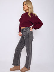 Crucifix geborduurde rechte been denim jeans