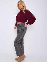 Crucifix geborduurde rechte been denim jeans