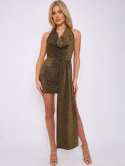 Lurex Halfter Cowl Hals geraumeltes Kleid mit drapierten Details