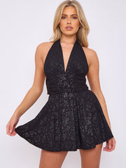 Bloemendetail halter nek franje mini -jurk