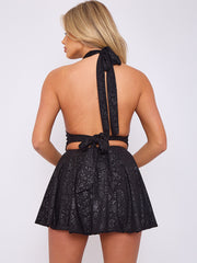 Bloemendetail halter nek franje mini -jurk