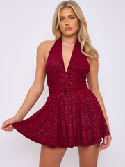 Bloemendetail halter nek franje mini -jurk