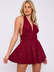 Bloemendetail halter nek franje mini -jurk