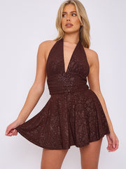 Bloemendetail halter nek franje mini -jurk