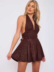 Bloemendetail halter nek franje mini -jurk