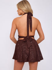 Bloemendetail halter nek franje mini -jurk