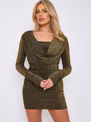 Lurex Draped Cowl Neck Slinky Dress