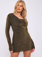 Lurex Draped Cowl Neck Slinky Dress