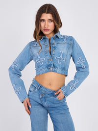 Cross Embroidered Cropped Denim Jacket - Blue