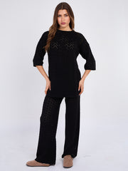Boxy Knitted Short Sleeve Top and Wide Leg Trouser Co-ord