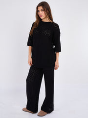 Boxy Knitted Short Sleeve Top and Wide Leg Trouser Co-ord