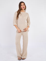 Boxy Knitted Short Sleeve Top and Wide Leg Trouser Co-ord