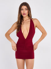 Open Back Halter Slinky Ruched Dress
