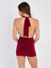 Open Back Halter Slinky Ruched Dress