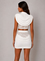 Draped High Neckline Lace Detail Top & Skirt Co-Ord