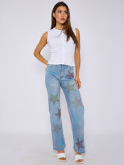Diamante Star Studded Front Straight Leg Denim Jeans