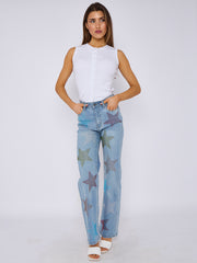Diamante Star Studded Front Straight Leg Denim Jeans