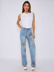 Diamante Star Studded Front Straight Leg Denim Jeans