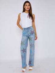 Diamante Star Studded Front Straight Leg Denim Jeans