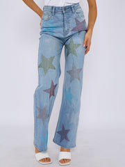 Diamante Star Studded Front Straight Leg Denim Jeans
