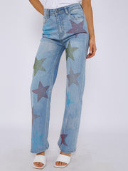 Diamante Star Studded Front Straight Leg Denim Jeans