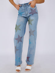 Diamante Star Studded Front Straight Leg Denim Jeans