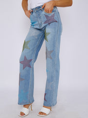 Diamante Star Studded Front Straight Leg Denim Jeans