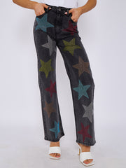 Diamante Star Studded Front Straight Leg Denim Jeans