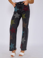 Diamante Star Studded Front Straight Leg Denim Jeans