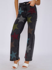 Diamante Star Studded Front Straight Leg Denim Jeans