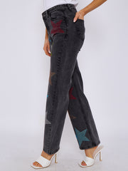 Diamante Star Studded Front Straight Leg Denim Jeans