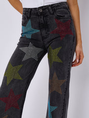 Diamante Star Studded Front Straight Leg Denim Jeans