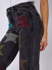 Diamante Star Studded Front Straight Leg Denim Jeans