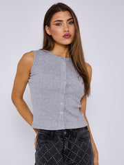 Ribbed Button Through Sleeveless Vest Top