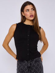 Ribbed Button Through Sleeveless Vest Top