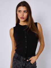 Ribbed Button Through Sleeveless Vest Top