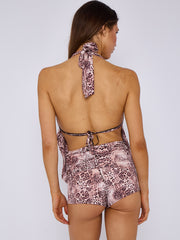 Printed Halter Backless Top & Ruched Shorts Co-ord
