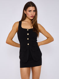 Longline Button Through Waistcoat Top & Mini Skirt Co-ord - Black