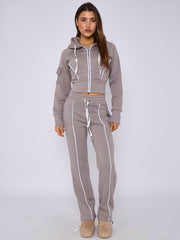 Bad Girl Print Tape Drawstring Fleece Cropped Zip Up Hoodie & Jogger Set