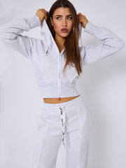 Bad Girl Print Tape Drawstring Fleece Cropped Zip Up Hoodie & Jogger Set