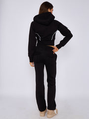 Bad Girl Print Tape Drawstring Fleece Cropped Zip Up Hoodie & Jogger Set