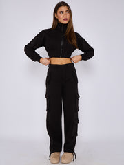Cropped Zip Up Sweatshirt & Cargo Trouser Tracksuit