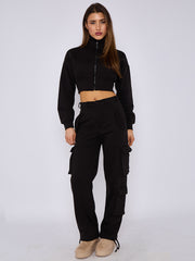 Cropped Zip Up Sweatshirt & Cargo Trouser Tracksuit