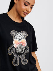 Bow Tie Teddy Graphic Printed T-Shirt