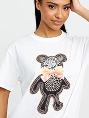 Bow Tie Teddy Graphic Printed T-Shirt