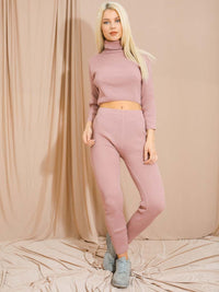 Roll Neck Knitted Ribbed Co-ord - Rose Gold