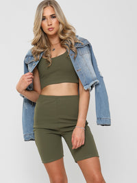 Crop Top & Cycling Shorts Co-ord - Khaki