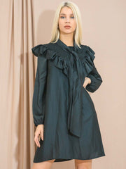 Satin Tie Knot Shirred Frill Dress