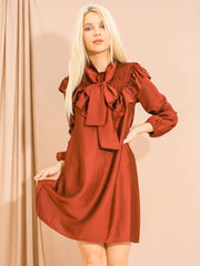 Satin Tie Knot Shirred Frill Dress