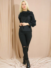 Satin Falten -Rüschenhals und Ärmeln oben